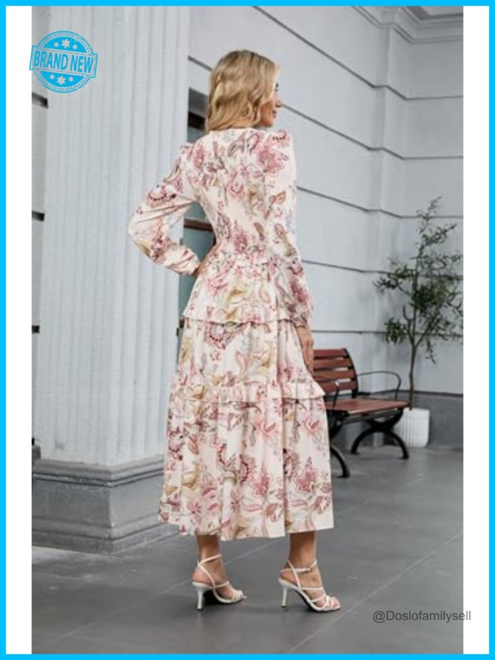 Women's Floral Smocked Maxi Dress Long Puff Sleeve Bohemian Tiered Ruffle - Picture 3 of 7